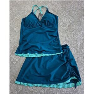 Daci Womens Teal Ruched Tankini Top and Swim Skirt Set New with Tags Size L